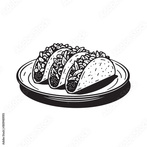 Three delicious tacos on a plate isolated on white background, ready to eat