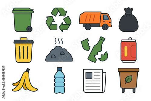Colorful waste management icons including recycling and trash symbols.