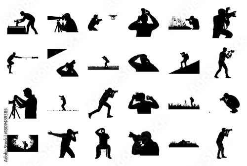 Collection of Photographer Silhouettes with Cameras and Drones Keywords: photographer