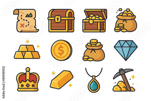 Treasure icons: map, chest, gold bars, diamond, crown, pickaxe.