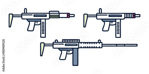 Three different submachine guns are illustrated against a white background.