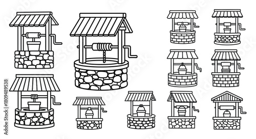 Collection of vintage water wells in a black and white line art style
