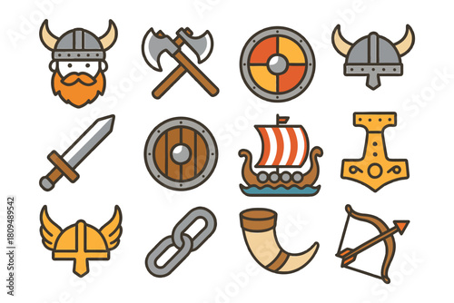 Icons of viking weapons and armor with ship and tools.