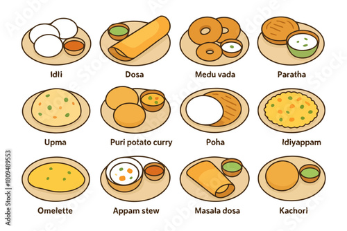 Collection of indian breakfast dishes: dosa, idli, medu vada, paratha, poha.