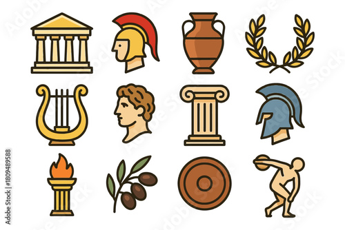 Ancient greek symbols and artifacts including coliseum, helmets, vase, lyre, laurel, torch.