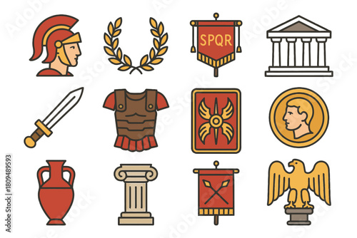 Ancient roman symbols: warrior, laurel, spqr, architecture, eagle.