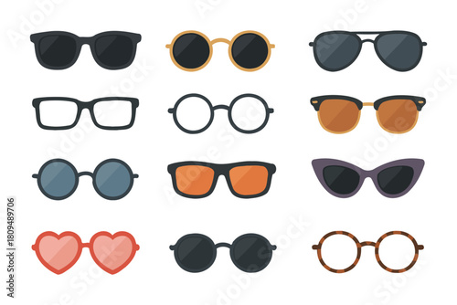 Collection of stylish sunglasses in various designs and shapes.