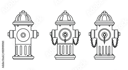 Three black and white line art illustrations of vintage fire hydrants