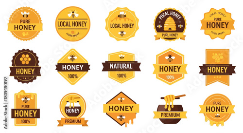 Assortment of golden honey badges and emblems, showcasing pure, local, and natural product quality for food packaging and branding designs