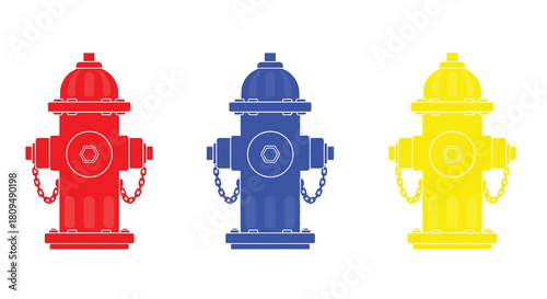 Three colorful fire hydrants in red blue and yellow are displayed