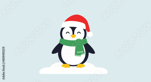 Festive Penguin Illustration with Santa Hat and Scarf on Snow.