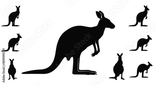 Silhouette illustrations of kangaroos in various hopping and standing poses