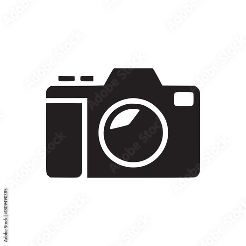 A simple black and white illustration of a camera with a lens on a white background image design