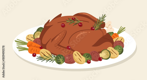 Festive Thanksgiving Turkey Dinner with Vegetables and Cranberries.