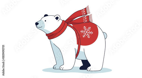 Polar Bear with Red Scarf and Snowflake Saddle Illustration.