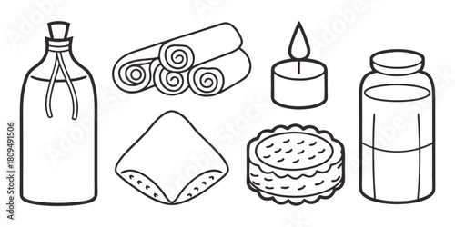 A collection of items for relaxation and self-care, including massage oil, rolled towels, a candle, and a jar.