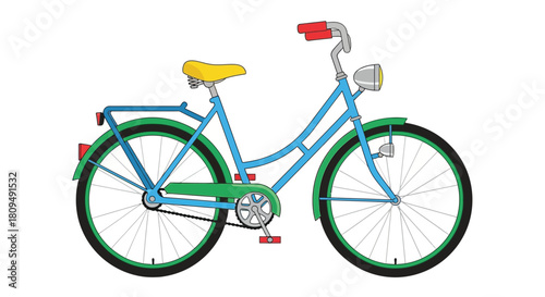 A colorful illustration of a vintage style bicycle with distinct features