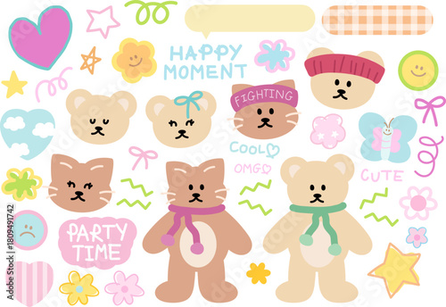 Cute pastel decorations of teddy bear and cat with winter scarf, headband, butterfly, ribbon for animal, stickers, cartoon characters, comic, mascot, sport, festive icon, happy moment, party time
