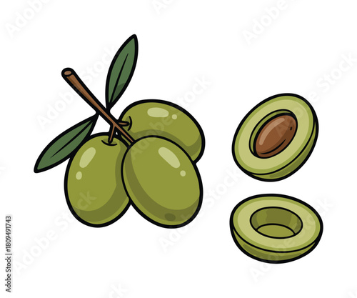 Green Olives Vector Illustration, Whole Fruit and Slices with Leaves Isolated on White Background