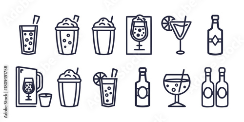A collection of various drink icons including cocktails, bottles, and smoothies.