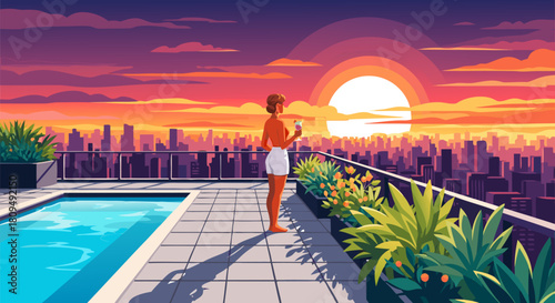 Rooftop Serenity A Woman Enjoys a Peaceful Moment Overlooking a Vibrant Cityscape at Sunset