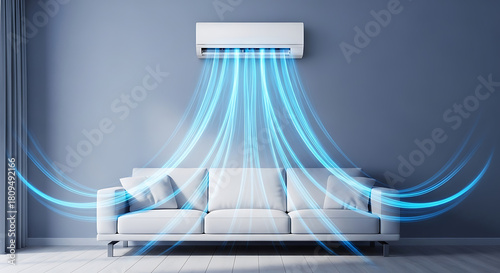 Air Conditioner Cooling Flow Waves Over Sofa Modern Home Comfort Illustration