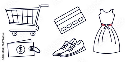A shopping cart, wallet, credit card, dress, and shoes are displayed in a doodle art style.