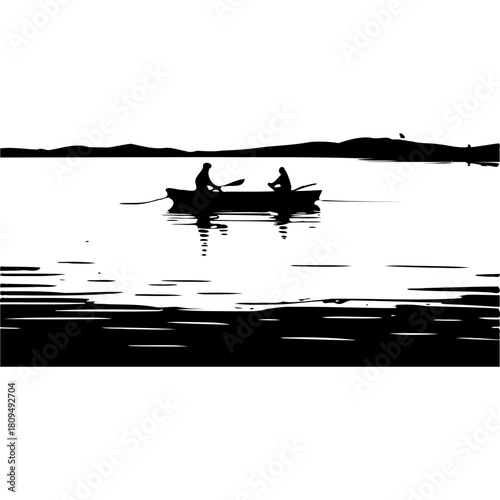 Canoeing silhouette vector art of people paddling on lake black and white