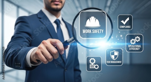 Professional manager emphasizing work safety, compliance, and operational efficiency with a magnifying glass