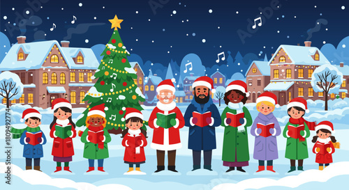 Holiday Carolers Singing in a Winter Wonderland with Christmas Tree and Snowflakes on a Night Scene