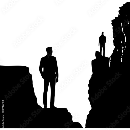 Silhouette of man on cliff edge contemplating business challenge ahead