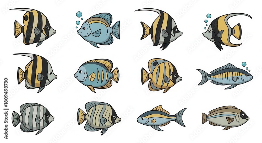 Naklejka premium Adorable cartoon fish collection swimming for fun ocean themed designs and playful learning resources now