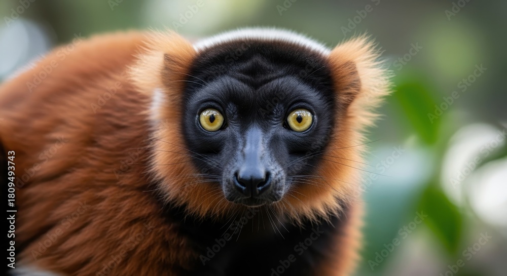 Obraz premium Intense gaze from a red ruffed lemur with striking yellow eyes looking directly at you in the jungle