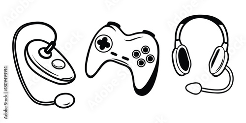 A video game controller, headset, and peripheral are shown in a stylized illustration.