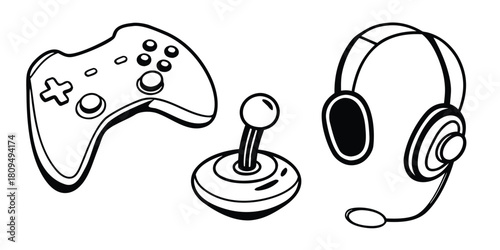 A modern game controller, a classic joystick, and headphones with a microphone are displayed.