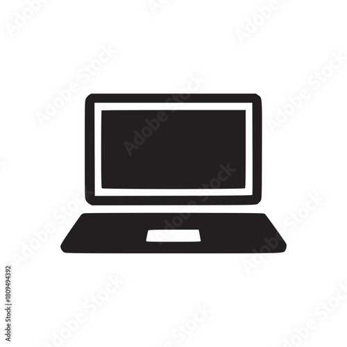 A simple black and white illustration of a laptop computer with a rectangular screen and keyboard area