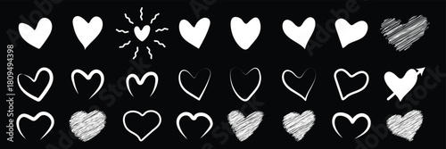 Hand drawn heart icons set, love and romance doodles vector design on transparent background. pink hand drawn hearts. unique heart various styles and shapes. Pink hearts doodle artistic set. Valentine
