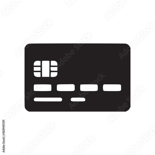 A minimalist black and white illustration of a credit card with a chip on a white background