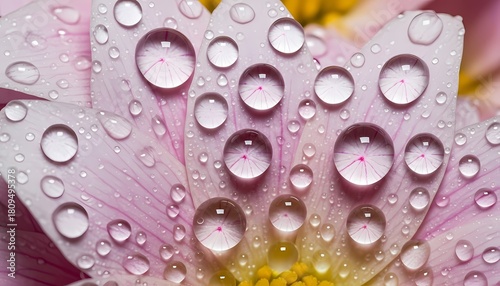 Macro Water Droplets on Pink Flower Petals with Reflections