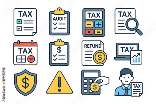 Tax and audit icon set with calculator, documents, and financial symbols.
