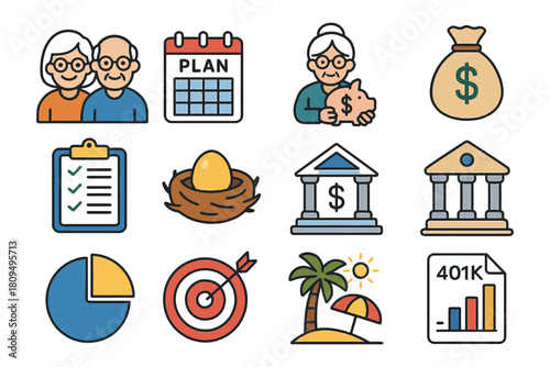 Retirement planning icons: seniors, money, banking, investments, goals.