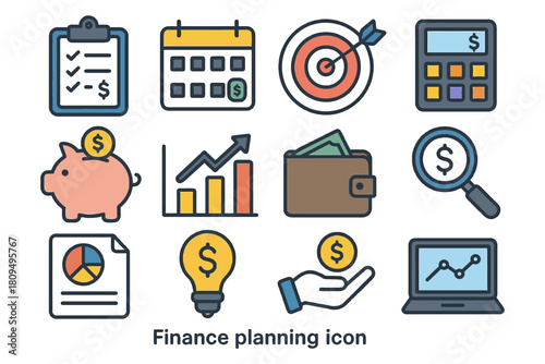 Finance planning icons: budget, growth, savings, and investment symbols.