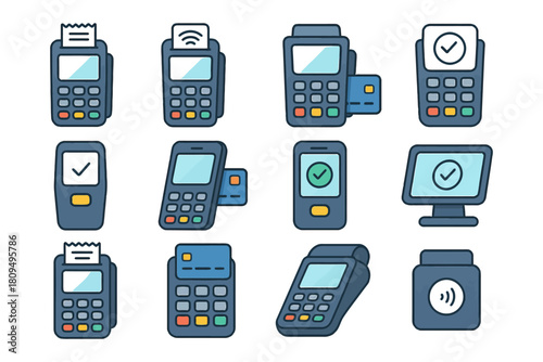 Collection of various digital payment terminals with cards and contactless options.