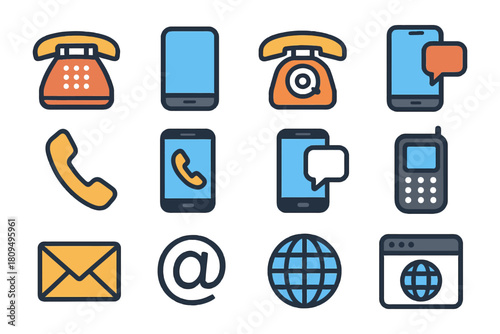 Communication icons: phone, mobile, email, web symbols in blue and orange.