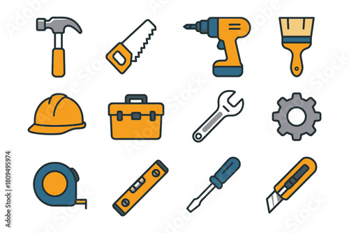 Collection of various hand tools and construction equipment icons in illustrated style.