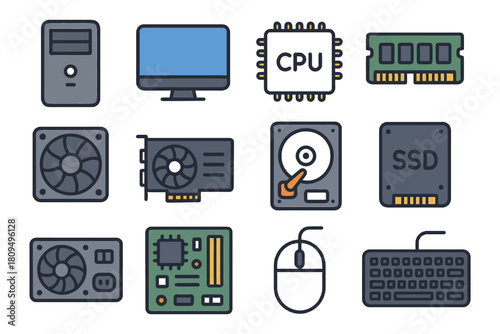 Computer components icons: cpu, monitor, ssd, mouse, keyboard, fan, gpu, ram, motherboard.