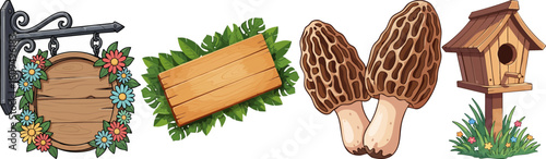 Nature Elements Wooden Signage Morel Mushrooms and Birdhouse
