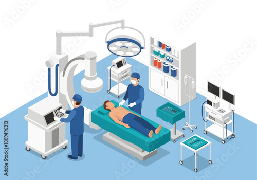Isometric vector illustration of a modern hospital operating room with surgeons preparing a patient, surrounded by advanced medical equipment, monitors, and surgical tools in a clean design