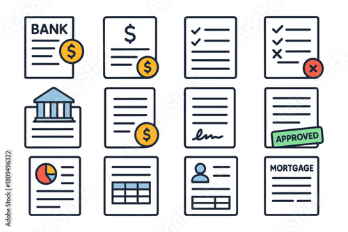 Financial document icons: bank, invoice, contract, mortgage approval.