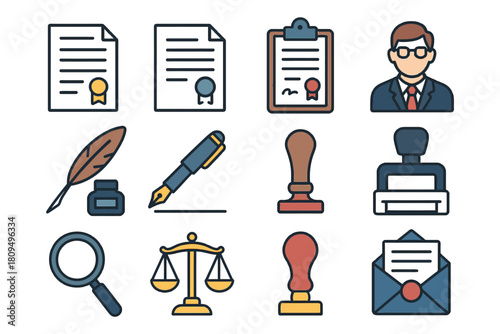 Office icons collection: documents, writing tools, stamps, and more.